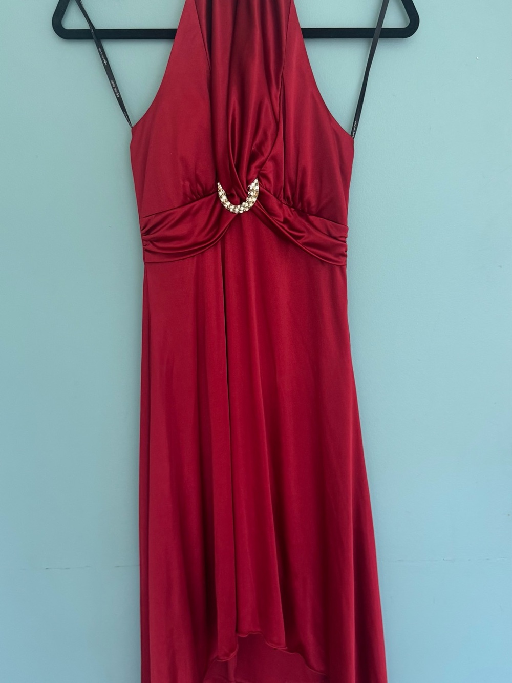 My Michelle Red Halter High-Low Evening Dress with Rhinestone Accent